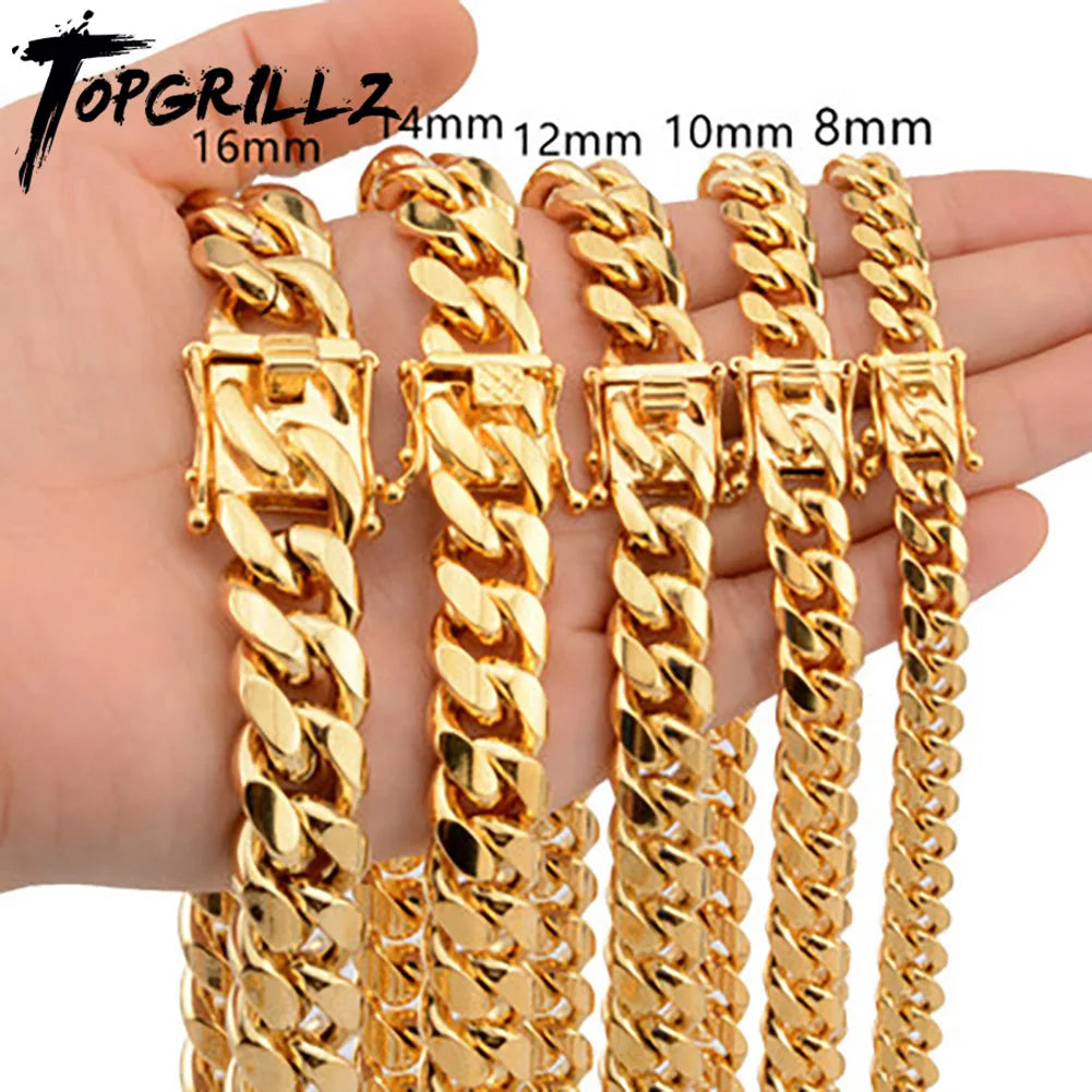 TOPGRILLZ Stainless Steel Gold Color Cuban Chain Faucet Button Hip Hop Fashion Jewelry For Gift 6MM/10MM/12MM/14MM/16MM