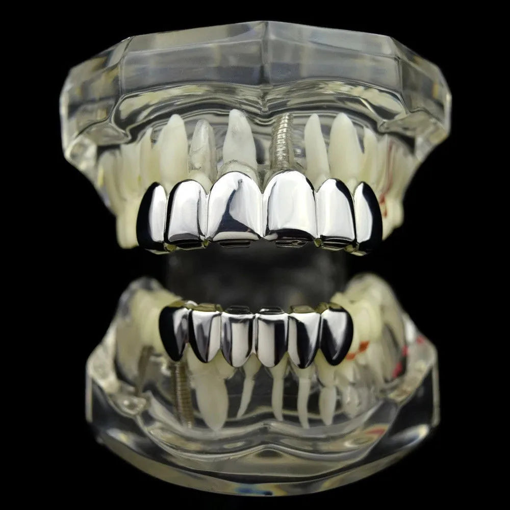 TOPGRILLZ Glossy Gold Silver Plated Hip Hop Teeth Grillz 6 Top &6 Bottom Grills Set With silicone Shiny Vampire Tooth Sets