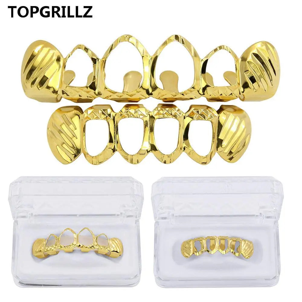 TOPGRILLZ New Gold Silver Color Hollow Open Dlampnd Cut 6 Teeth Top & Bottom Grills Braces Caps Hip Hop GRILLZ Set Party Jewelry