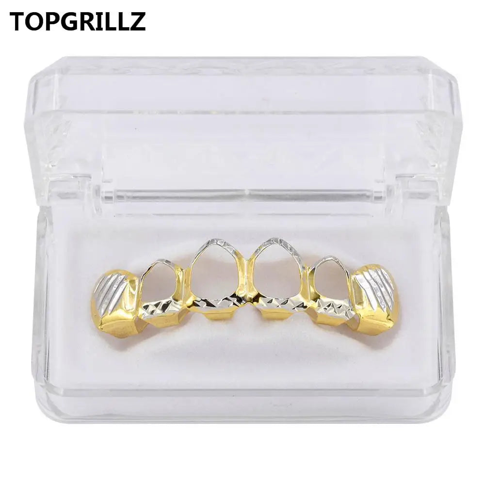 TOPGRILLZ New Gold Silver Color Hollow Open Dlampnd Cut 6 Teeth Top & Bottom Grills Braces Caps Hip Hop GRILLZ Set Party Jewelry