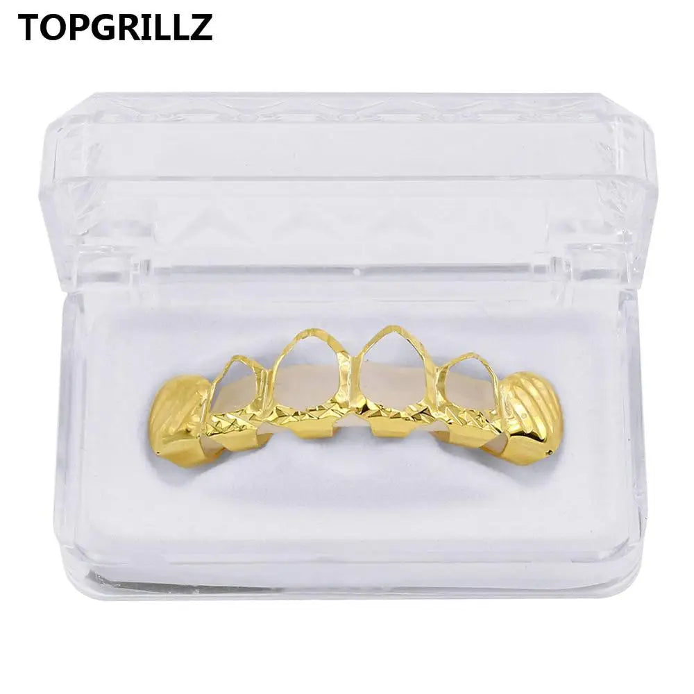 TOPGRILLZ New Gold Silver Color Hollow Open Dlampnd Cut 6 Teeth Top & Bottom Grills Braces Caps Hip Hop GRILLZ Set Party Jewelry