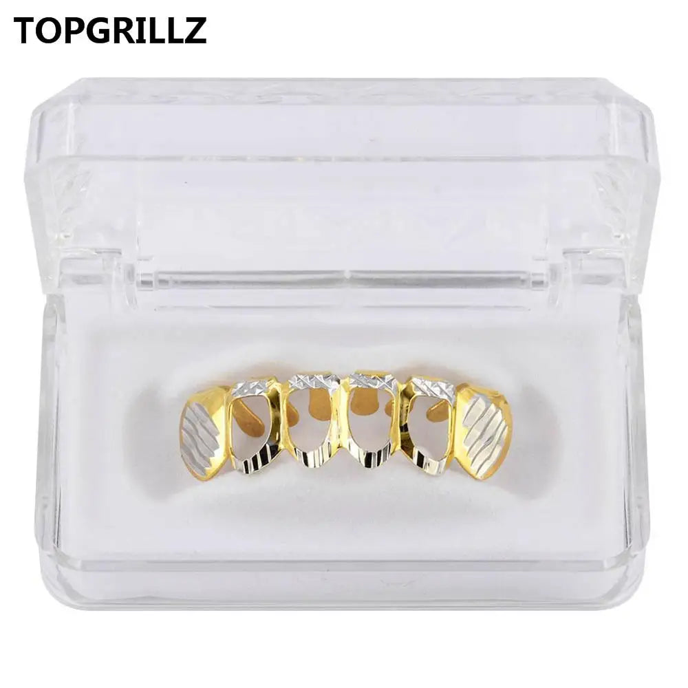 TOPGRILLZ New Gold Silver Color Hollow Open Dlampnd Cut 6 Teeth Top & Bottom Grills Braces Caps Hip Hop GRILLZ Set Party Jewelry