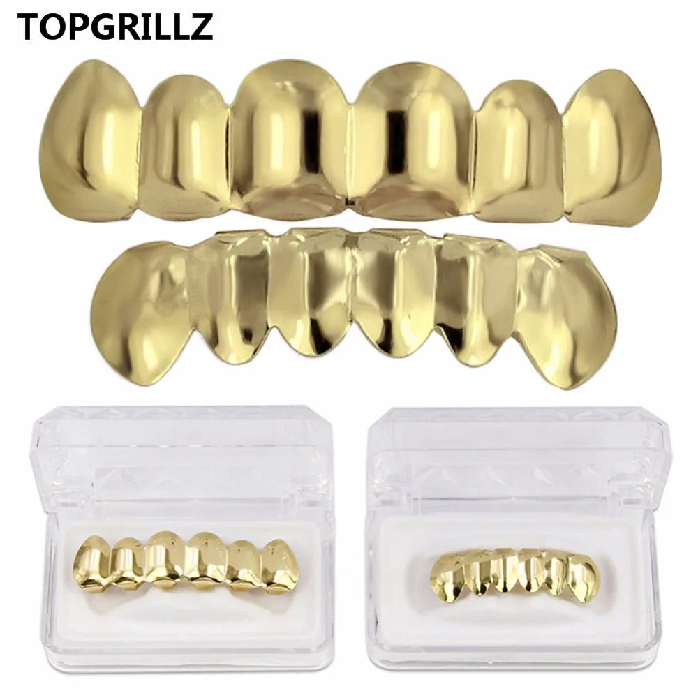 TOPGRILLZ Glossy Gold Silver Plated Hip Hop Teeth Grillz 6 Top &6 Bottom Grills Set With silicone Shiny Vampire Tooth Sets