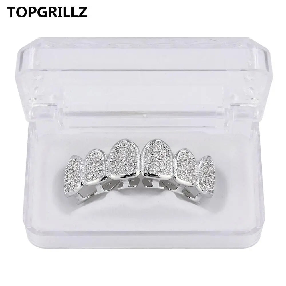 TOPGRILLZ Hip Hop Gold Color Plated Teeth Grillz Caps CZ Micro Pave Exclusive Luxury Top&Bottom Gold Grillz Set Ship From US