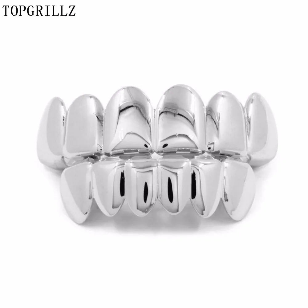 TOPGRILLZ Glossy Gold Silver Plated Hip Hop Teeth Grillz 6 Top &6 Bottom Grills Set With silicone Shiny Vampire Tooth Sets