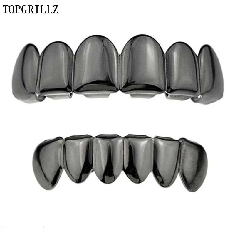TOPGRILLZ Glossy Gold Silver Plated Hip Hop Teeth Grillz 6 Top &6 Bottom Grills Set With silicone Shiny Vampire Tooth Sets