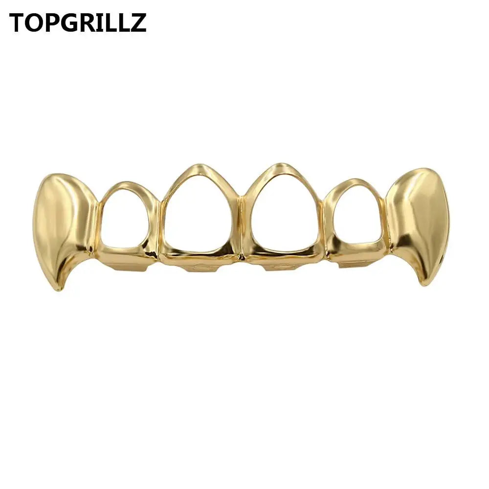 TOPGRILLZ  Gold Color Plated Hip Hop Teeth Grill Top & Bottom Grill Hip Hop Bling Hollow Vampire Teeth for Halloween