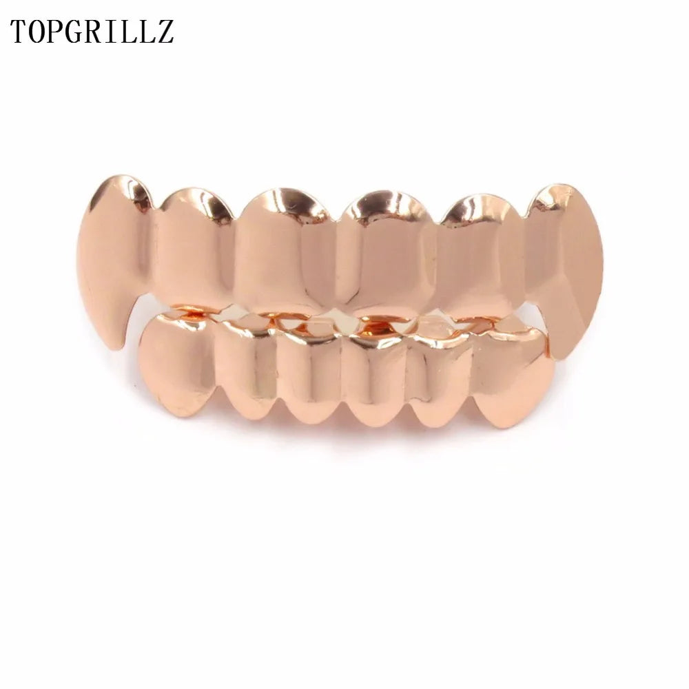 TOPGRILLZ New Fit Rose Gold Color Plated Hip Hop Teeth Grillz Caps Top&Bottom Grill Set for Christmas Party Vampire Tooth Grillz