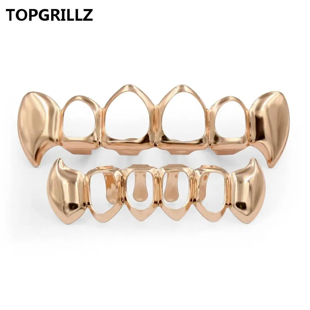 TOPGRILLZ  Gold Color Plated Hip Hop Teeth Grill Top & Bottom Grill Hip Hop Bling Hollow Vampire Teeth for Halloween