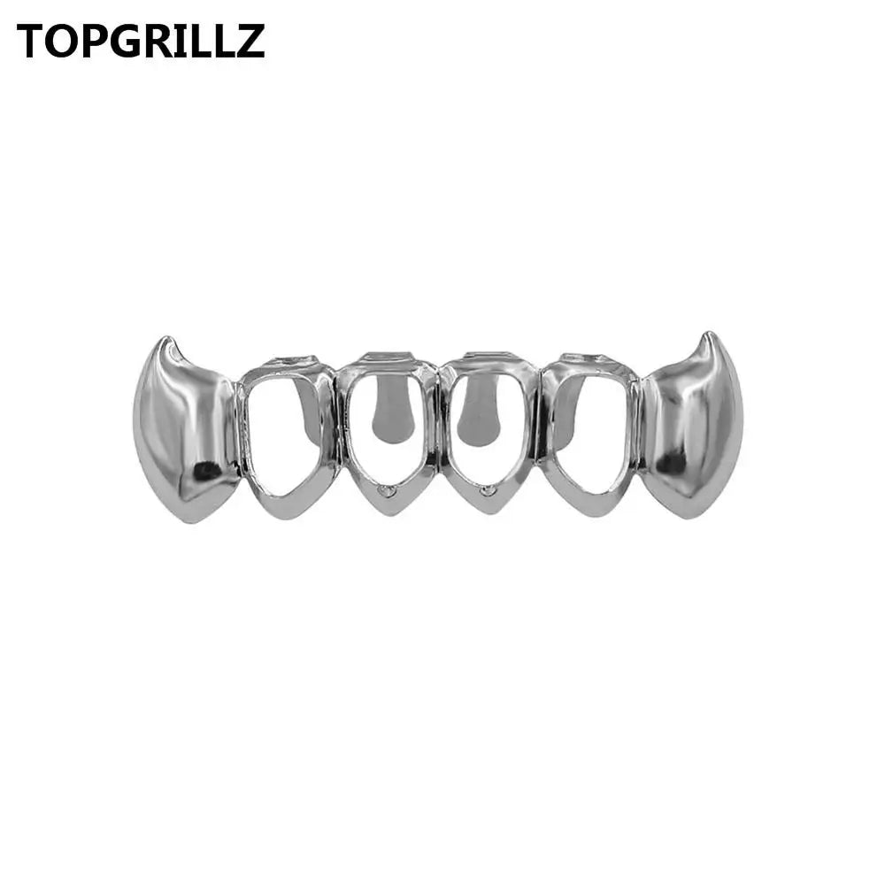 TOPGRILLZ  Gold Color Plated Hip Hop Teeth Grill Top & Bottom Grill Hip Hop Bling Hollow Vampire Teeth for Halloween
