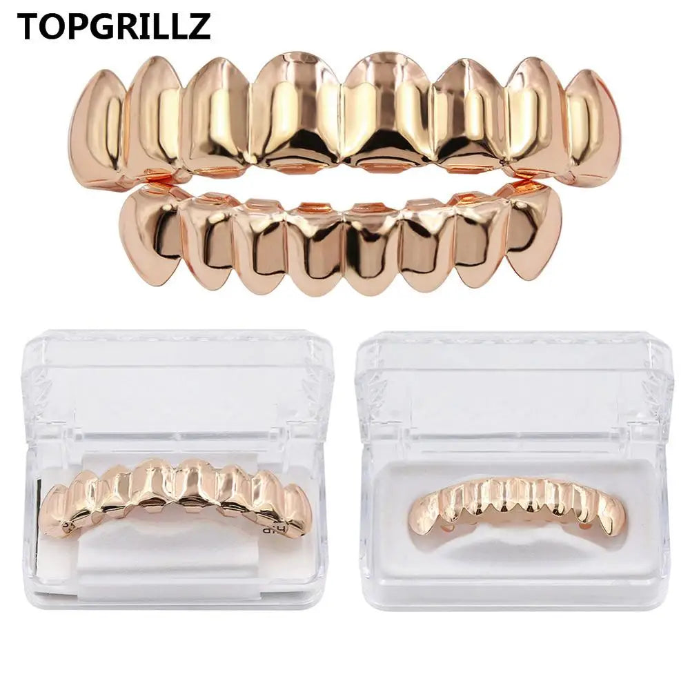 TOPGRILLZ 8/8 Hip Hop Teeth Grillz Set Gold Silver Color Top &  Bottom Body Jewelry  Punk Cosplay Party Tooth Grills Gifts