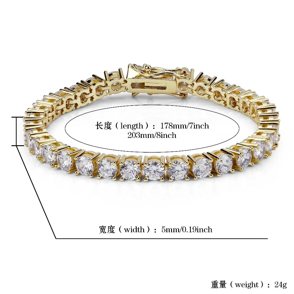 3mm-10mm Mens/Women AAA+ Cubic Zirconia Tennis Bracelet Hip Hop Jewelry Iced Out 1 Row Gold Color CZ Charms Bracelet For Gifts