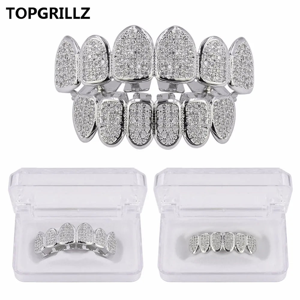 TOPGRILLZ Hip Hop Gold Color Plated Teeth Grillz Caps CZ Micro Pave Exclusive Luxury Top&Bottom Gold Grillz Set Ship From US