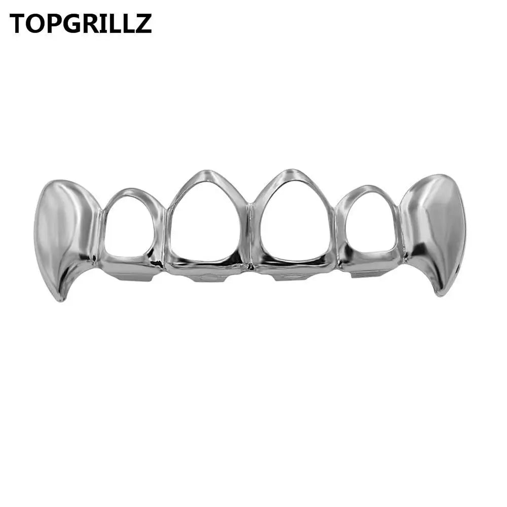 TOPGRILLZ  Gold Color Plated Hip Hop Teeth Grill Top & Bottom Grill Hip Hop Bling Hollow Vampire Teeth for Halloween