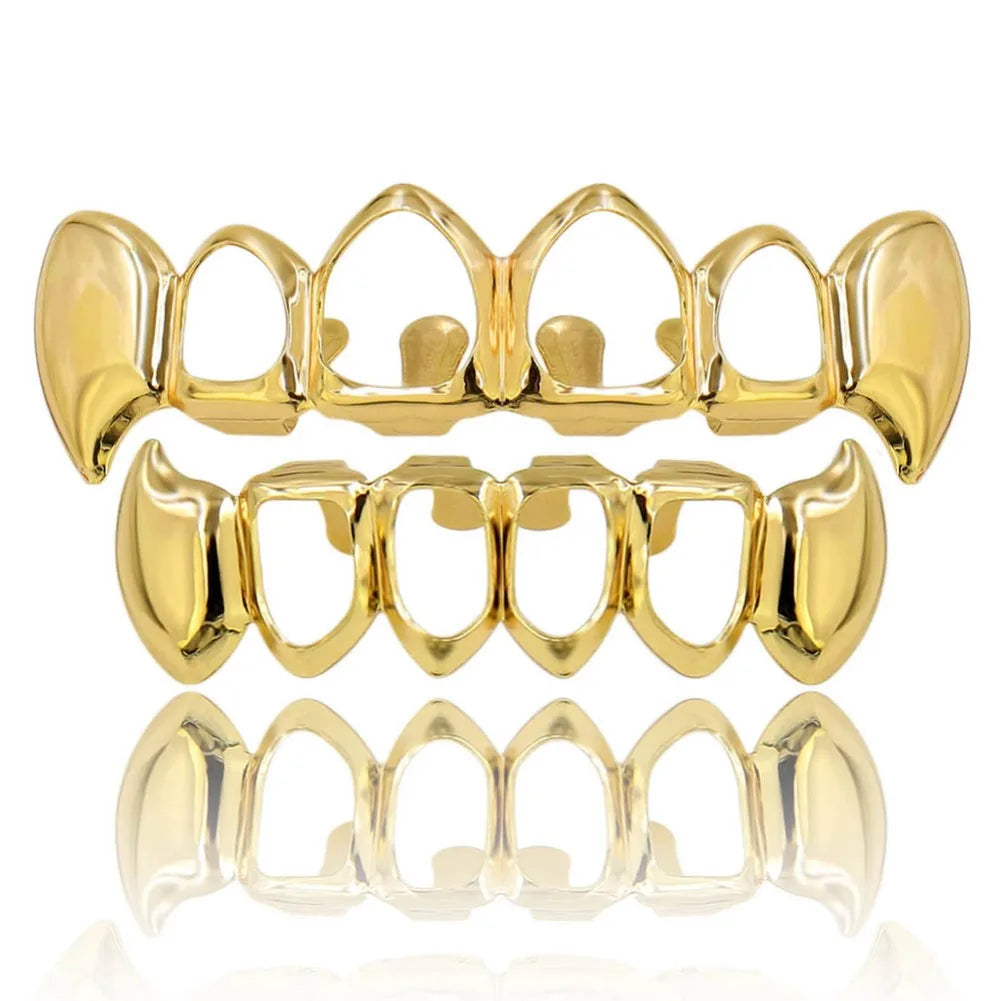 TOPGRILLZ  Gold Color Plated Hip Hop Teeth Grill Top & Bottom Grill Hip Hop Bling Hollow Vampire Teeth for Halloween