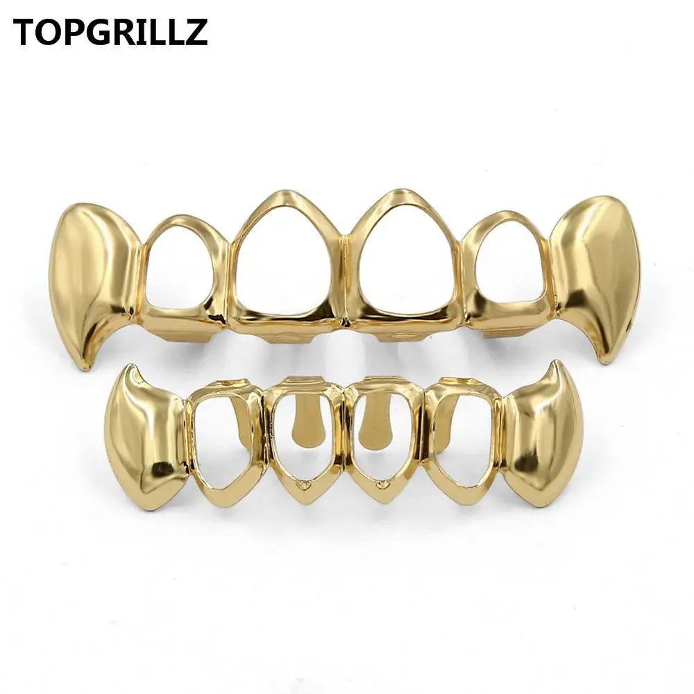 TOPGRILLZ  Gold Color Plated Hip Hop Teeth Grill Top & Bottom Grill Hip Hop Bling Hollow Vampire Teeth for Halloween