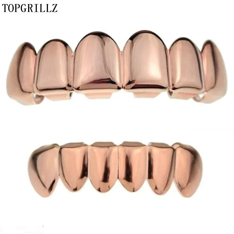 TOPGRILLZ Glossy Gold Silver Plated Hip Hop Teeth Grillz 6 Top &6 Bottom Grills Set With silicone Shiny Vampire Tooth Sets