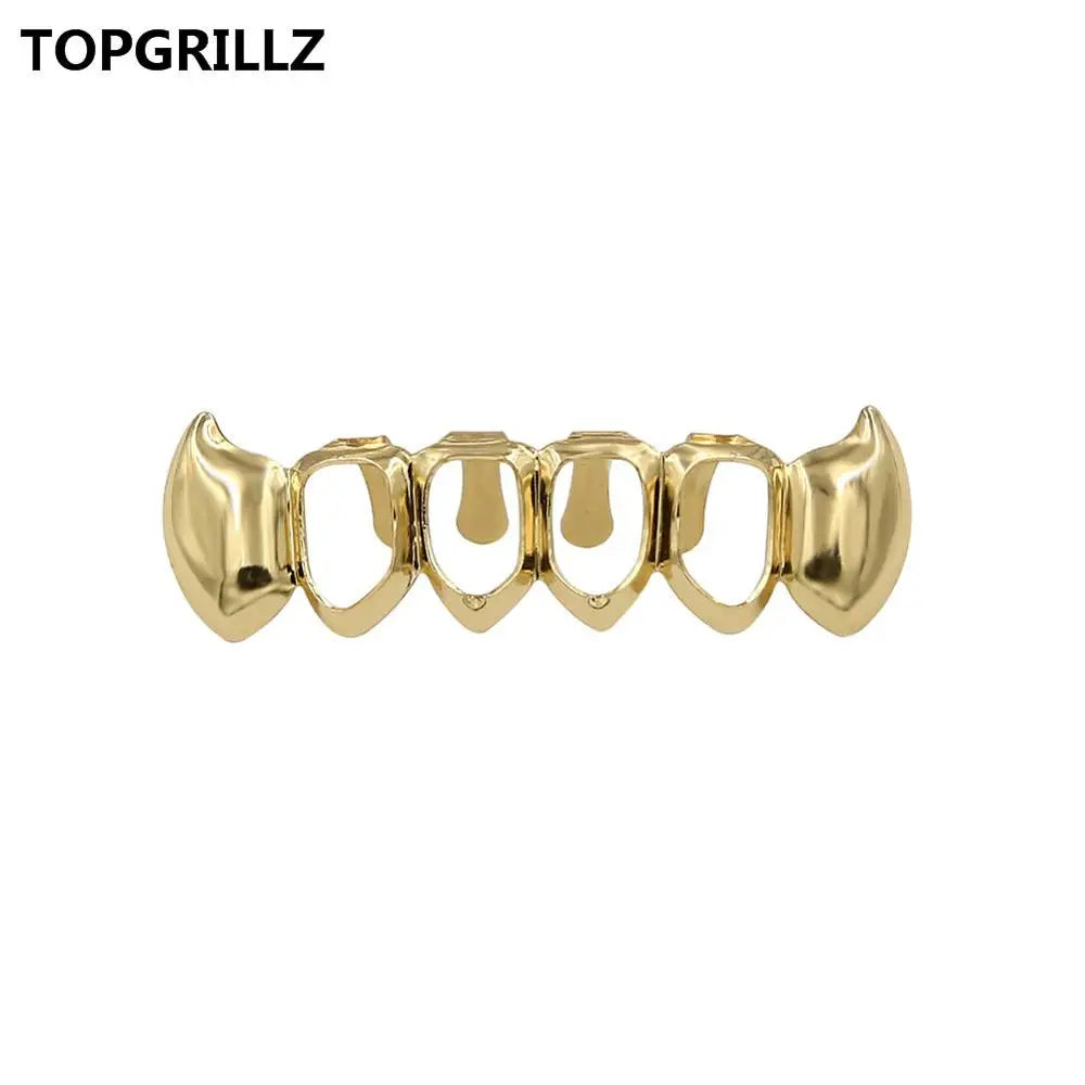 TOPGRILLZ  Gold Color Plated Hip Hop Teeth Grill Top & Bottom Grill Hip Hop Bling Hollow Vampire Teeth for Halloween