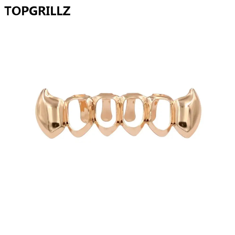 TOPGRILLZ  Gold Color Plated Hip Hop Teeth Grill Top & Bottom Grill Hip Hop Bling Hollow Vampire Teeth for Halloween