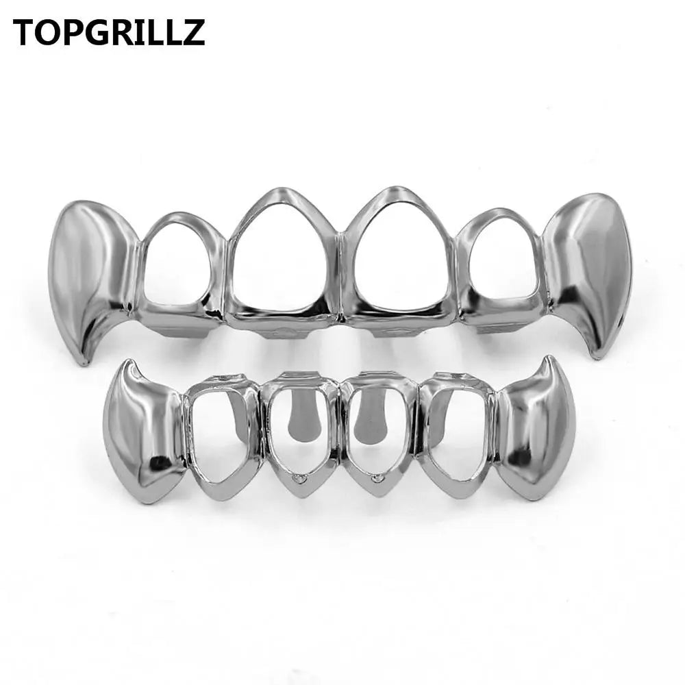 TOPGRILLZ  Gold Color Plated Hip Hop Teeth Grill Top & Bottom Grill Hip Hop Bling Hollow Vampire Teeth for Halloween