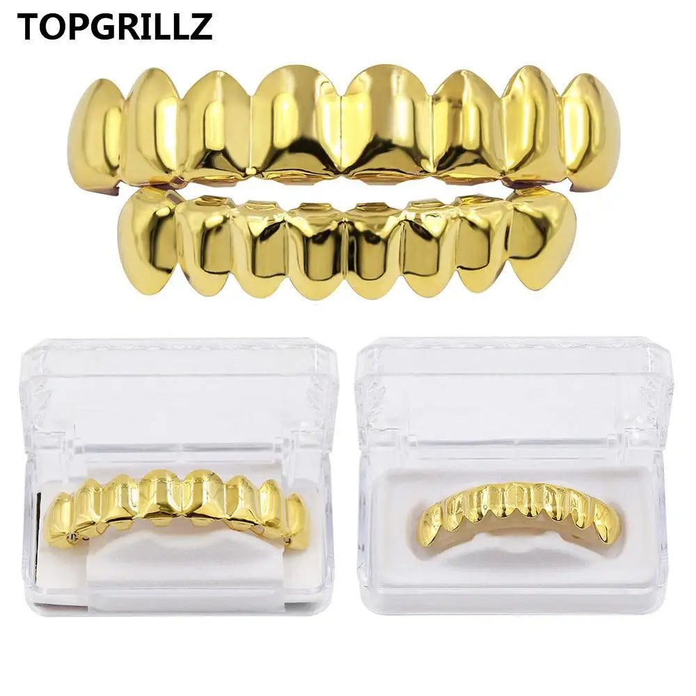 TOPGRILLZ 8/8 Hip Hop Teeth Grillz Set Gold Silver Color Top &  Bottom Body Jewelry  Punk Cosplay Party Tooth Grills Gifts