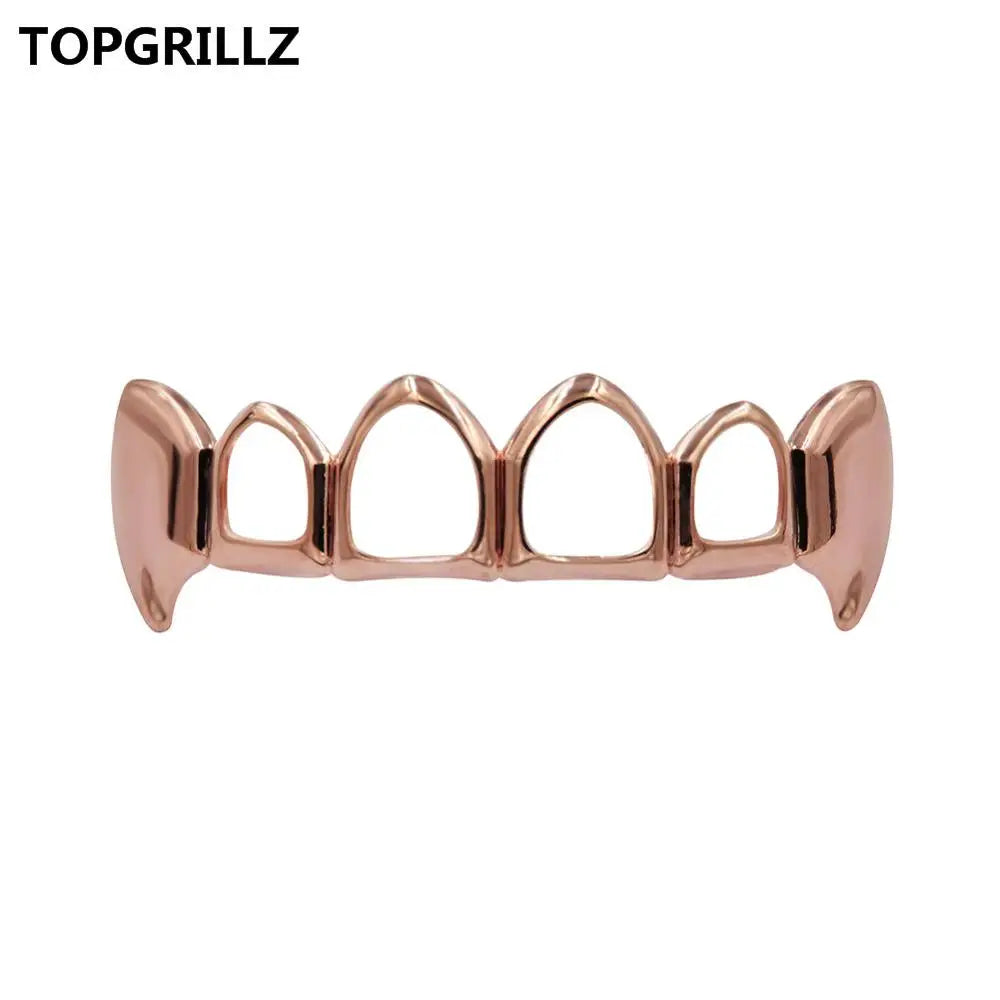 TOPGRILLZ  Gold Color Plated Hip Hop Teeth Grill Top & Bottom Grill Hip Hop Bling Hollow Vampire Teeth for Halloween
