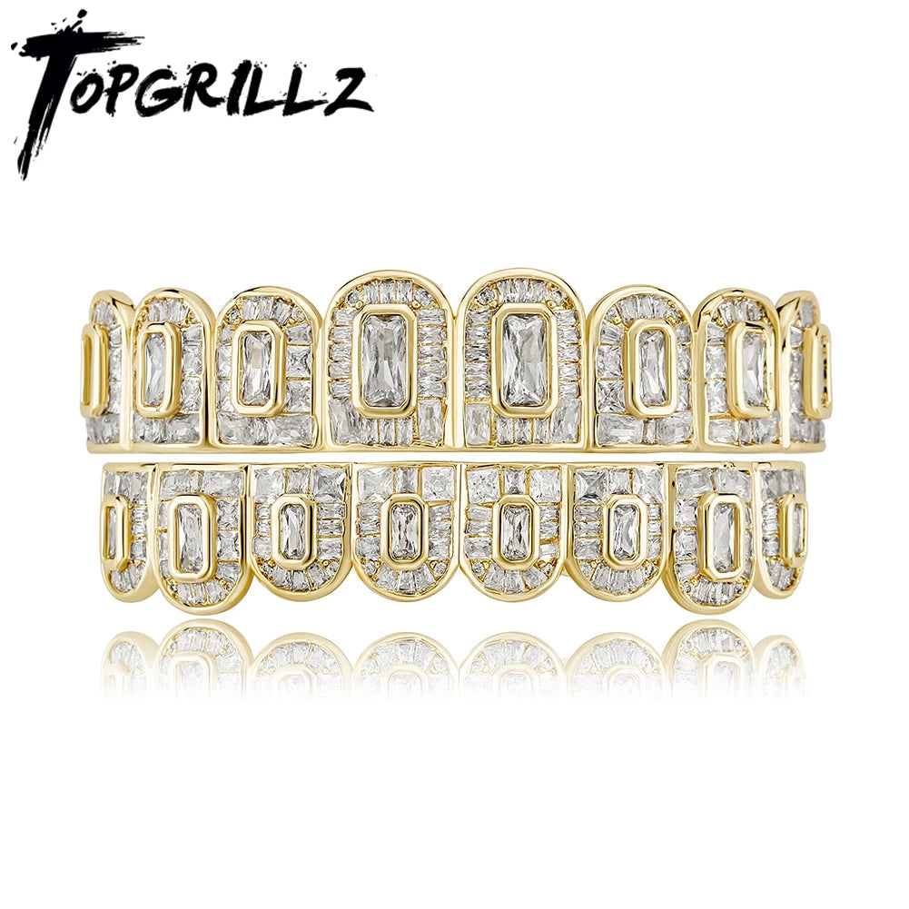 TOPGRILLZ New Baguette 8/8 Teeth Grillz Full Iced Micro Pave Cubic Zirconia Dental Grills For Men Women Tooth Caps Decor Jewelry