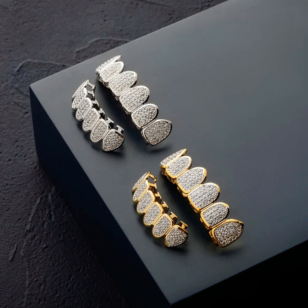 TOPGRILLZ Hip Hop Gold Color Plated Teeth Grillz Caps CZ Micro Pave Exclusive Luxury Top&Bottom Gold Grillz Set Ship From US