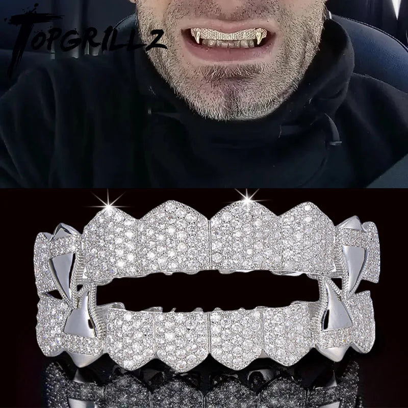 TOPGRILLZ Vampire Bling Full Micro Pave Cubic Zircon Teeth Grillz Caps 8 Top& 8 Bottom Removable Dental Grills For Halloween