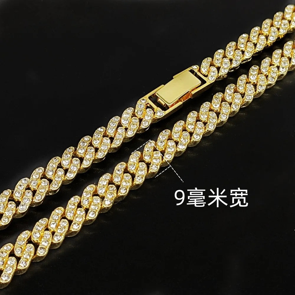 High Quality 9MM Width Miami Cuban Chain Necklaces For Men Women Hip Hop Iced Out Bling Charm Chains Necklace Fashion Jewelry