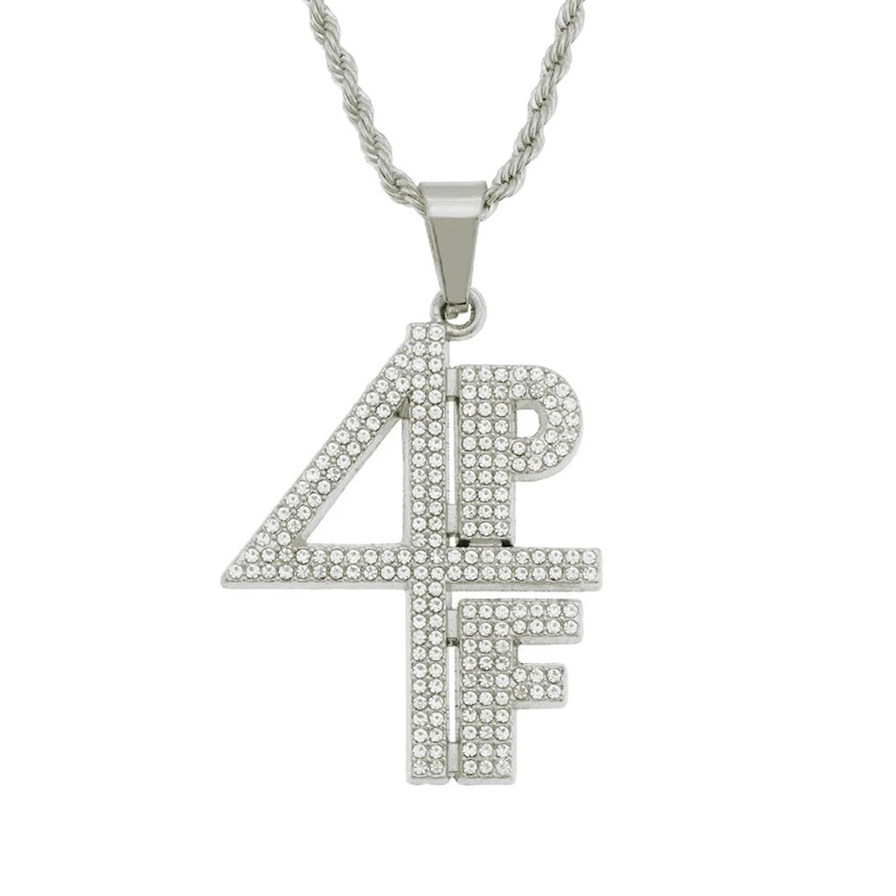 Men Women Hip Hop 4PF Letter Pendant Necklace Shiny Rhinestone Chain Iced out Bling Number Necklaces HipHop Charm Jewelry Gifts