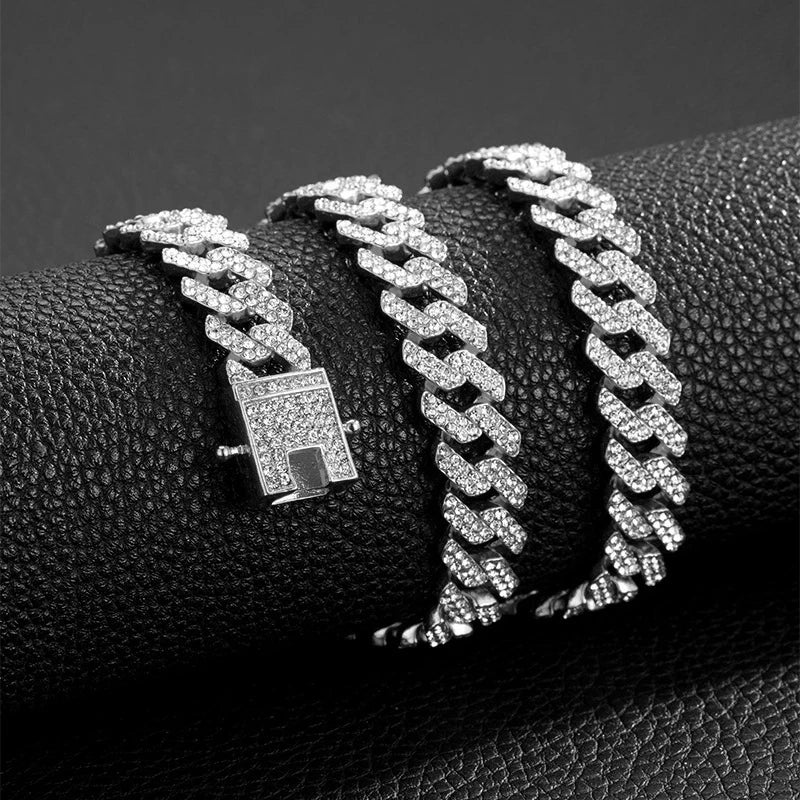 Men Women HipHop Iced Out Bling Prong Cuban Chain Necklace Suit 13mm Paved Rhinestone Link Chain Choker Bracelet Fashion Jewelry