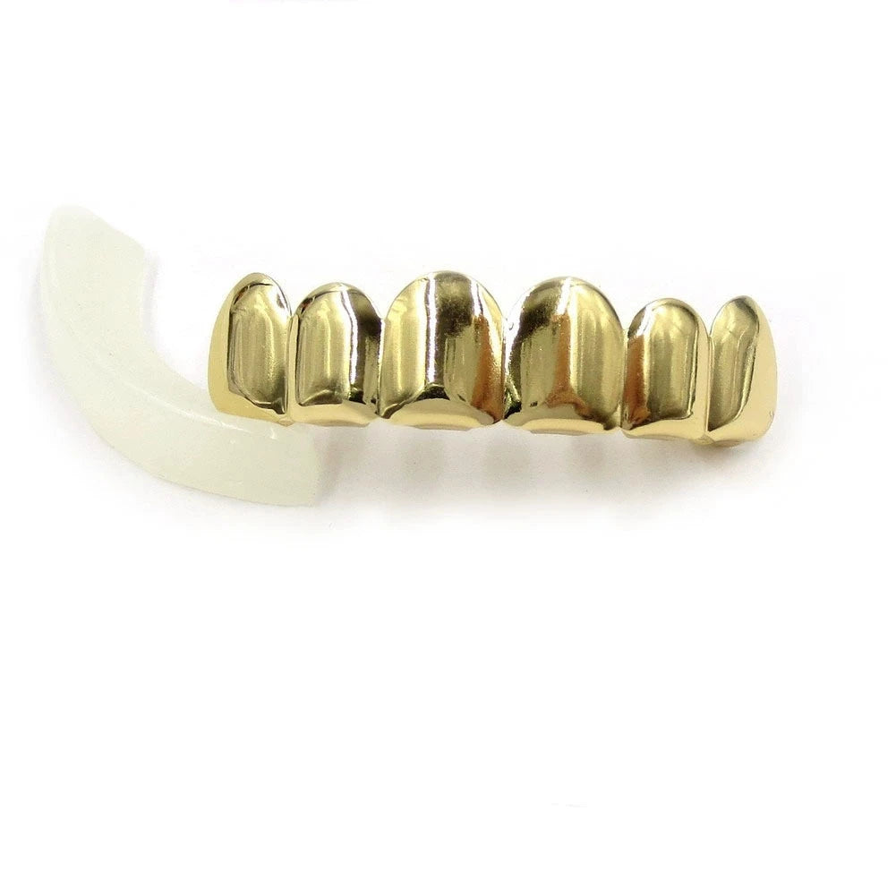 TOPGRILLZ Glossy Gold Silver Plated Hip Hop Teeth Grillz 6 Top &6 Bottom Grills Set With silicone Shiny Vampire Tooth Sets