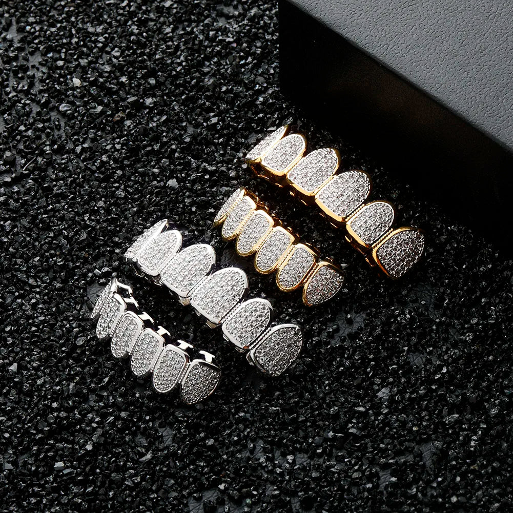 TOPGRILLZ Hip Hop Gold Color Plated Teeth Grillz Caps CZ Micro Pave Exclusive Luxury Top&Bottom Gold Grillz Set Ship From US