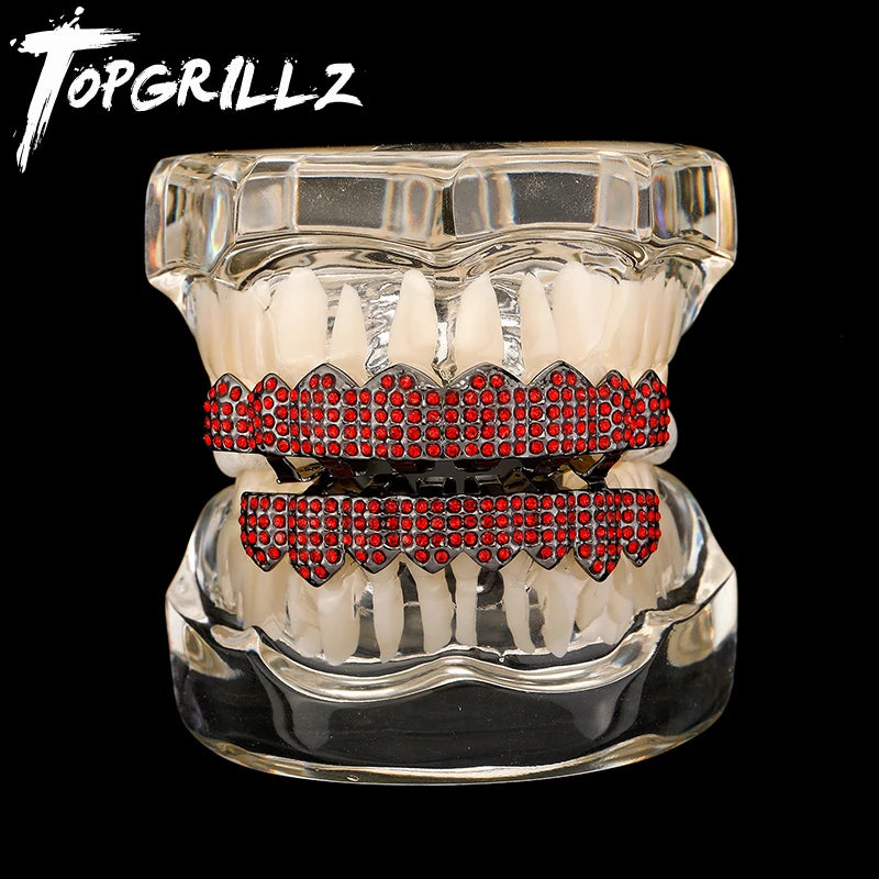 TOPGRILLZ Hip Hop Teeth Grillz Iced Out Micro Paved Green Red Cubic Zircon Top & Bottom Charm Grills Set For Halloween Party