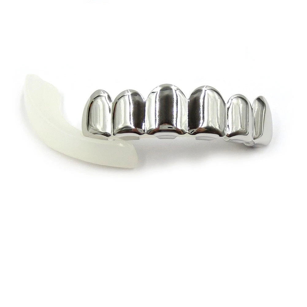 TOPGRILLZ Glossy Gold Silver Plated Hip Hop Teeth Grillz 6 Top &6 Bottom Grills Set With silicone Shiny Vampire Tooth Sets