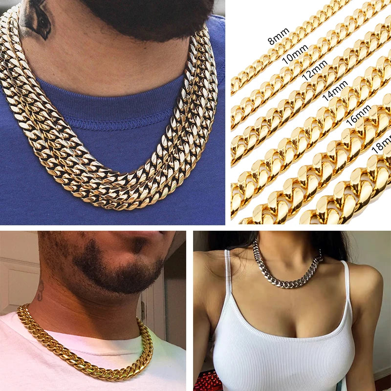 TOPGRILLZ Stainless Steel Gold Color Cuban Chain Faucet Button Hip Hop Fashion Jewelry For Gift 6MM/10MM/12MM/14MM/16MM