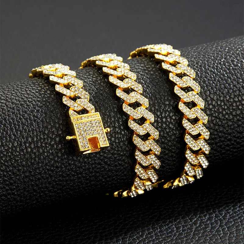 Men Women HipHop Iced Out Bling Prong Cuban Chain Necklace Suit 13mm Paved Rhinestone Link Chain Choker Bracelet Fashion Jewelry