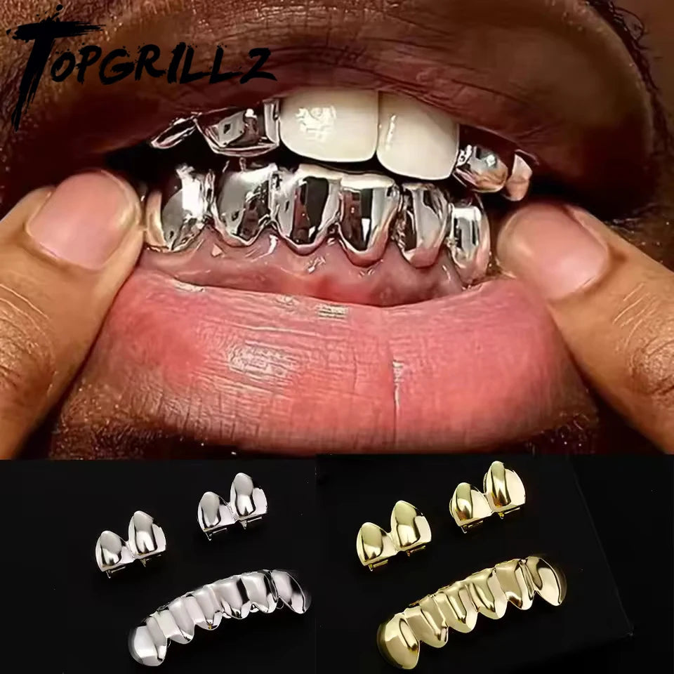 TOPGRILLZ Glossy Teeth Grillz Hip Hop Gold Silver Color Top Bottom Tooth Caps For Women Men Jewelry Halloween Cosplay Gift