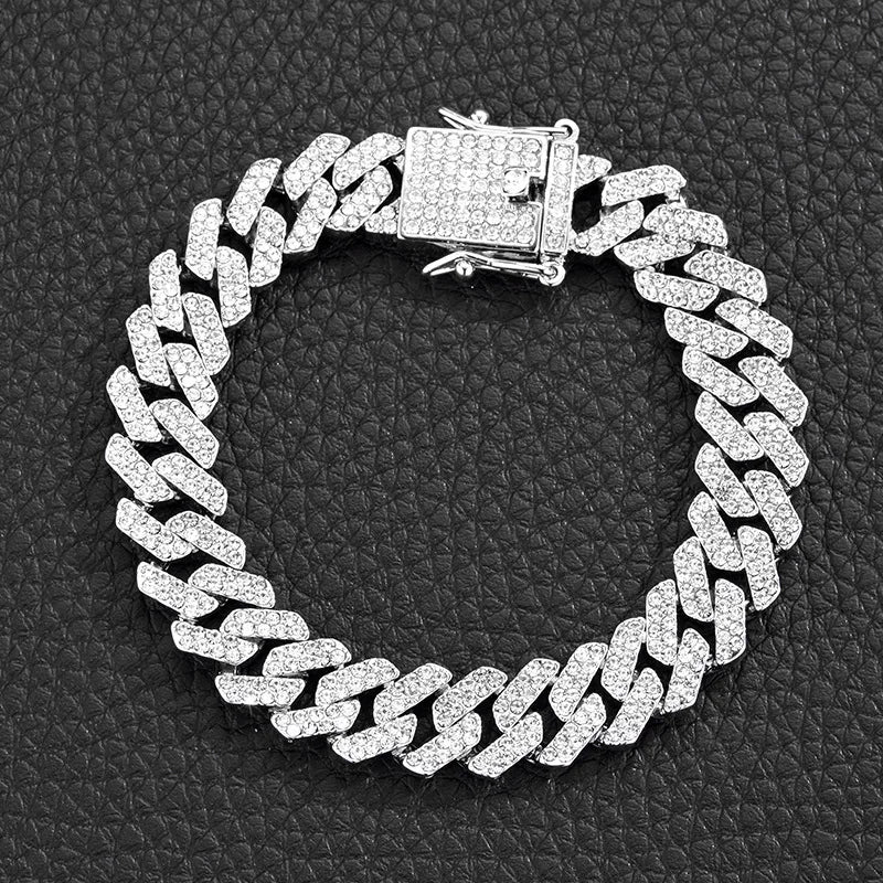 Men Women HipHop Iced Out Bling Prong Cuban Chain Necklace Suit 13mm Paved Rhinestone Link Chain Choker Bracelet Fashion Jewelry