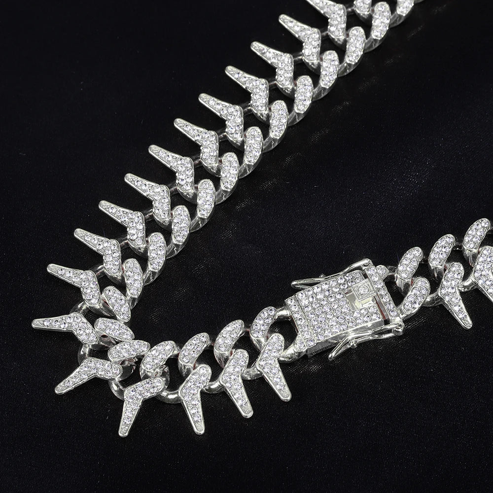 Hip Hop 21MM Iced Out Cuban Rivet Spike Thorns Link Chain Full Crystal Men's Miami Cuban Chain Luxury Fashion Necklace Jewelry