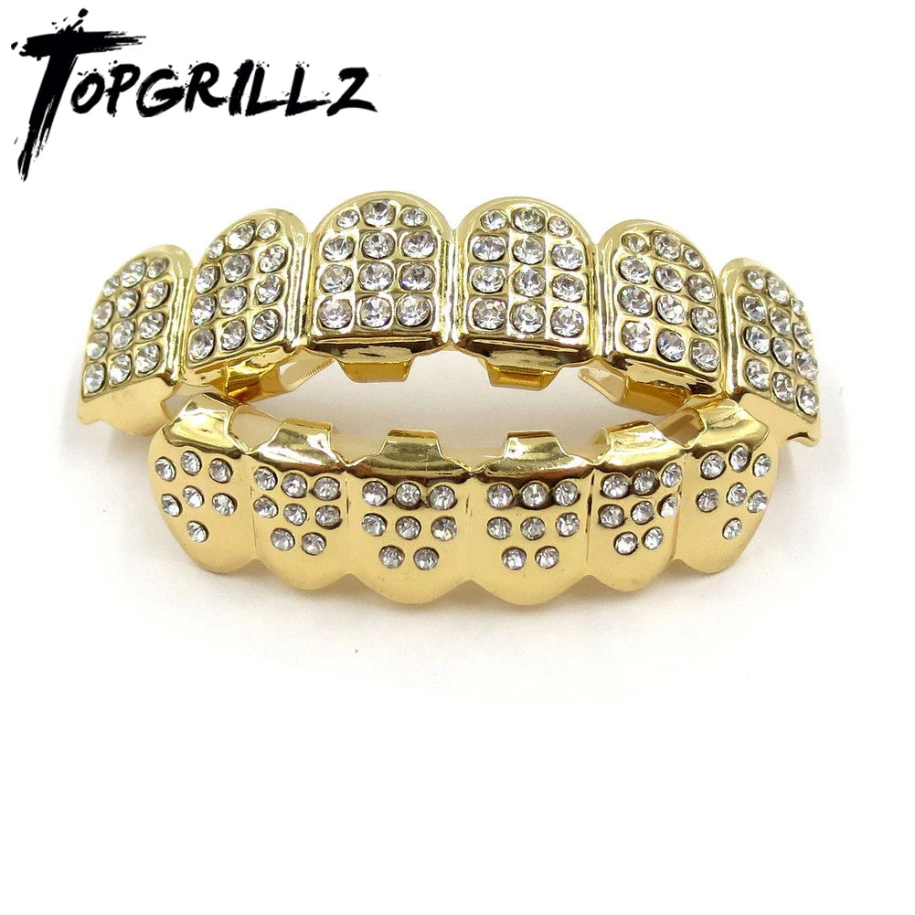 TOPGRILLZ Fashion Hip Hop Gold Silver Color Iced Out CZ Stones Teeth Grillz Top Bottom Teeth Braces For Men Women Jewelry Gifts