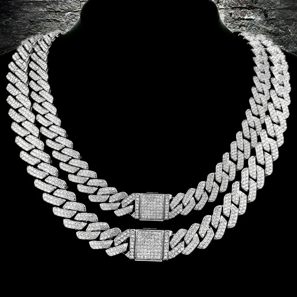 14mm Hip Hop Cuban Link Chain For Men Silver Color Iced Out Rhinestone Miami Necklace Choker for Women with Neck Chain Jewelry