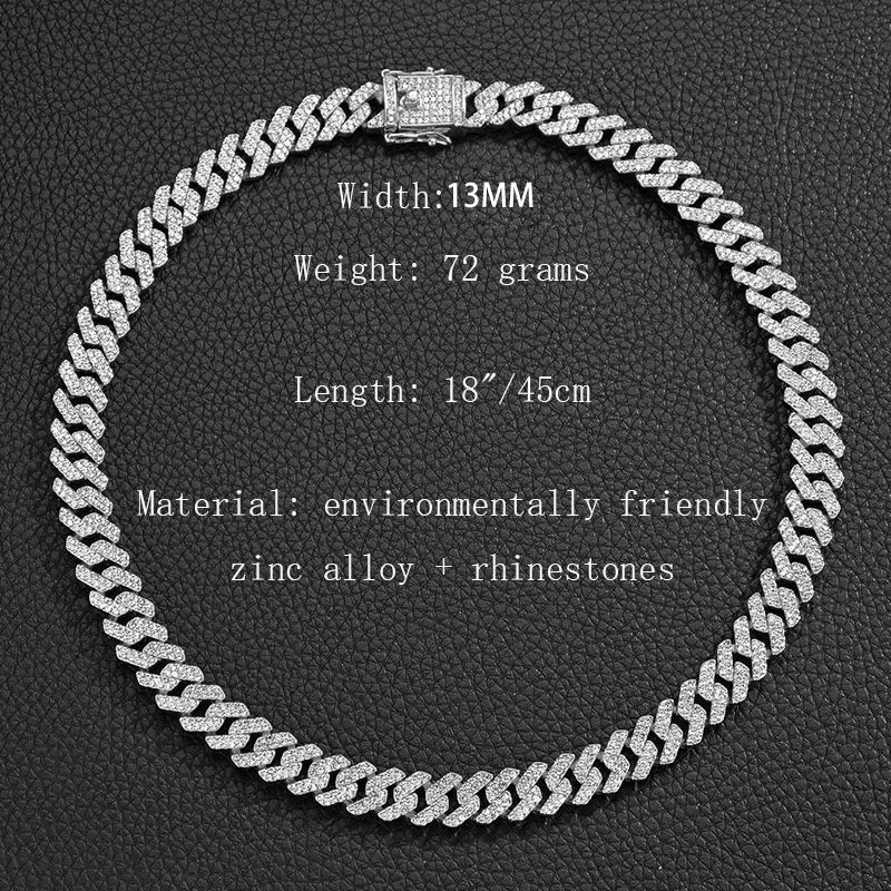 Men Women HipHop Iced Out Bling Prong Cuban Chain Necklace Suit 13mm Paved Rhinestone Link Chain Choker Bracelet Fashion Jewelry