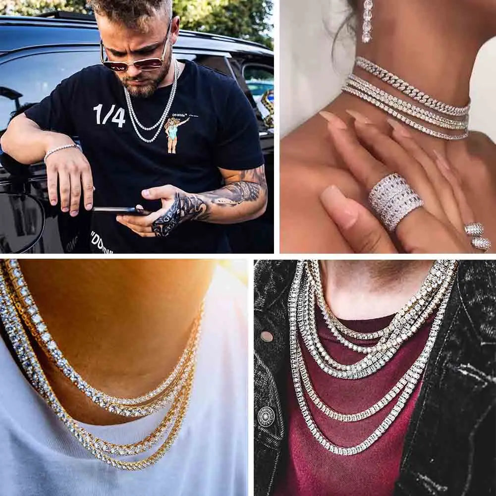 TOPGRILLZ 3mm-10mm Iced Out Bling AAA Zircon 1 Row Tennis Chain Necklace Men Hip Hop Jewelry Gold Silver Color Charms