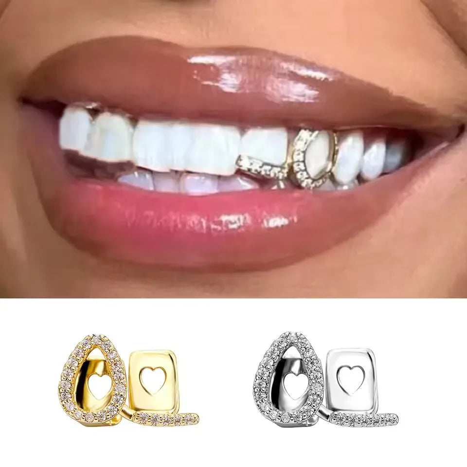 TOPGRILLZ Gold Silver Color Horizontal Bar Hollow Flame Zircon Teeth Grillz Hip Hop CZ Stone Tooth Grills For Women Men Jewelry
