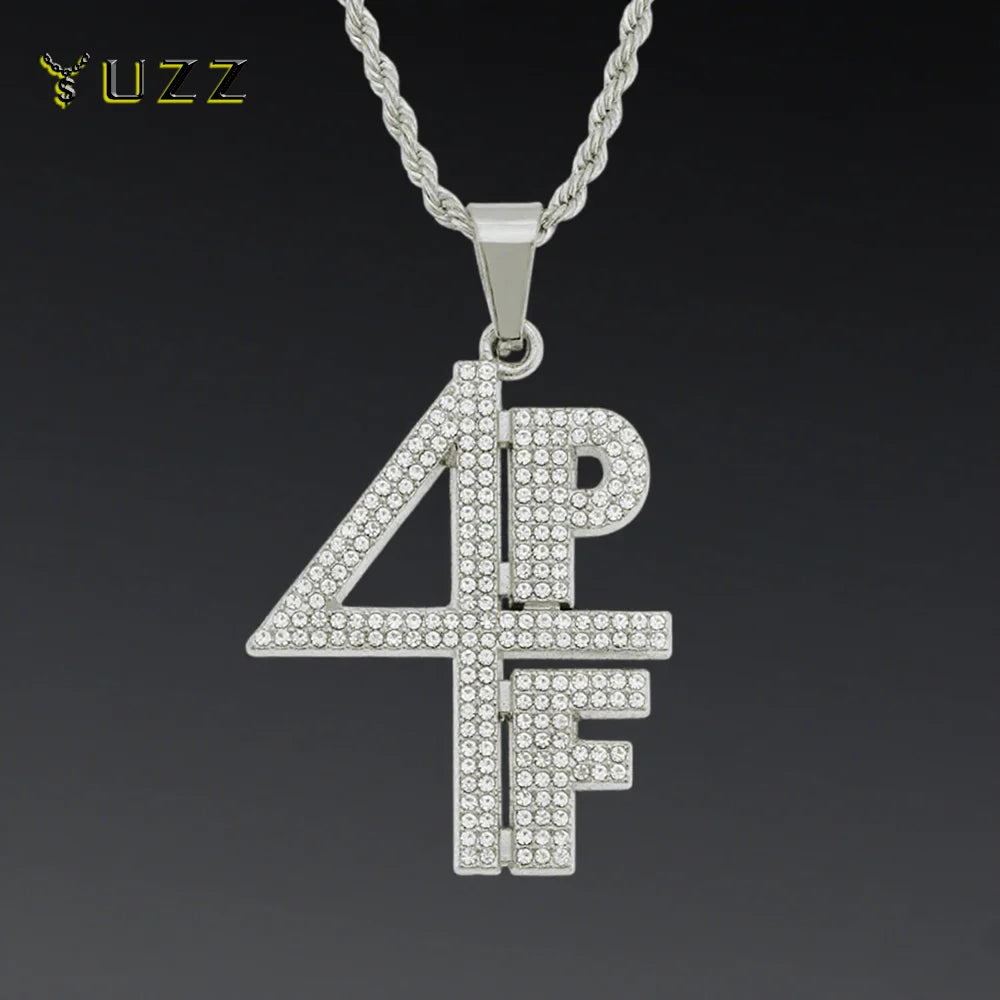 Men Women Hip Hop 4PF Letter Pendant Necklace Shiny Rhinestone Chain Iced out Bling Number Necklaces HipHop Charm Jewelry Gifts