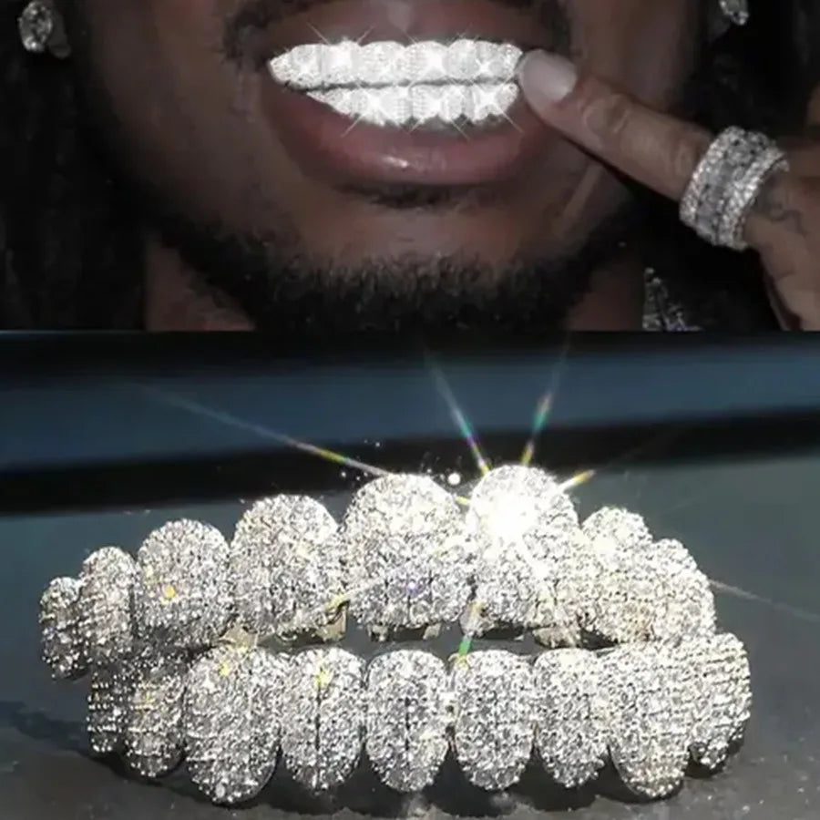 TOPGRILLZ Iced Out 10 Top &10 Bottom 5A CZ Stones Teeth Grillz Punk Rapper 14K Gold Plated Zircon Tooth Caps For Mouth Jewelry