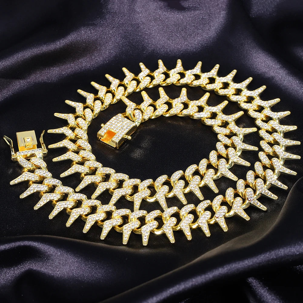 Hip Hop 21MM Iced Out Cuban Rivet Spike Thorns Link Chain Full Crystal Men's Miami Cuban Chain Luxury Fashion Necklace Jewelry