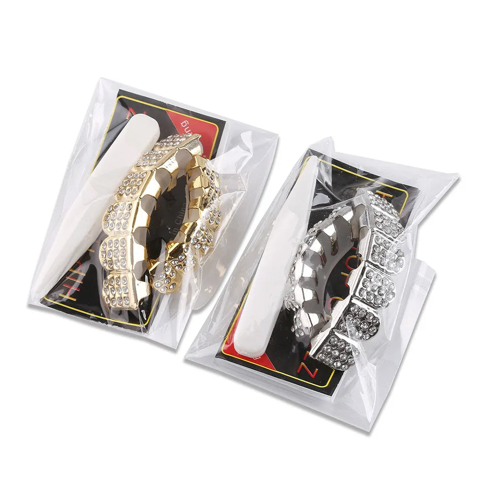 TOPGRILLZ Fashion Hip Hop Gold Silver Color Iced Out CZ Stones Teeth Grillz Top Bottom Teeth Braces For Men Women Jewelry Gifts